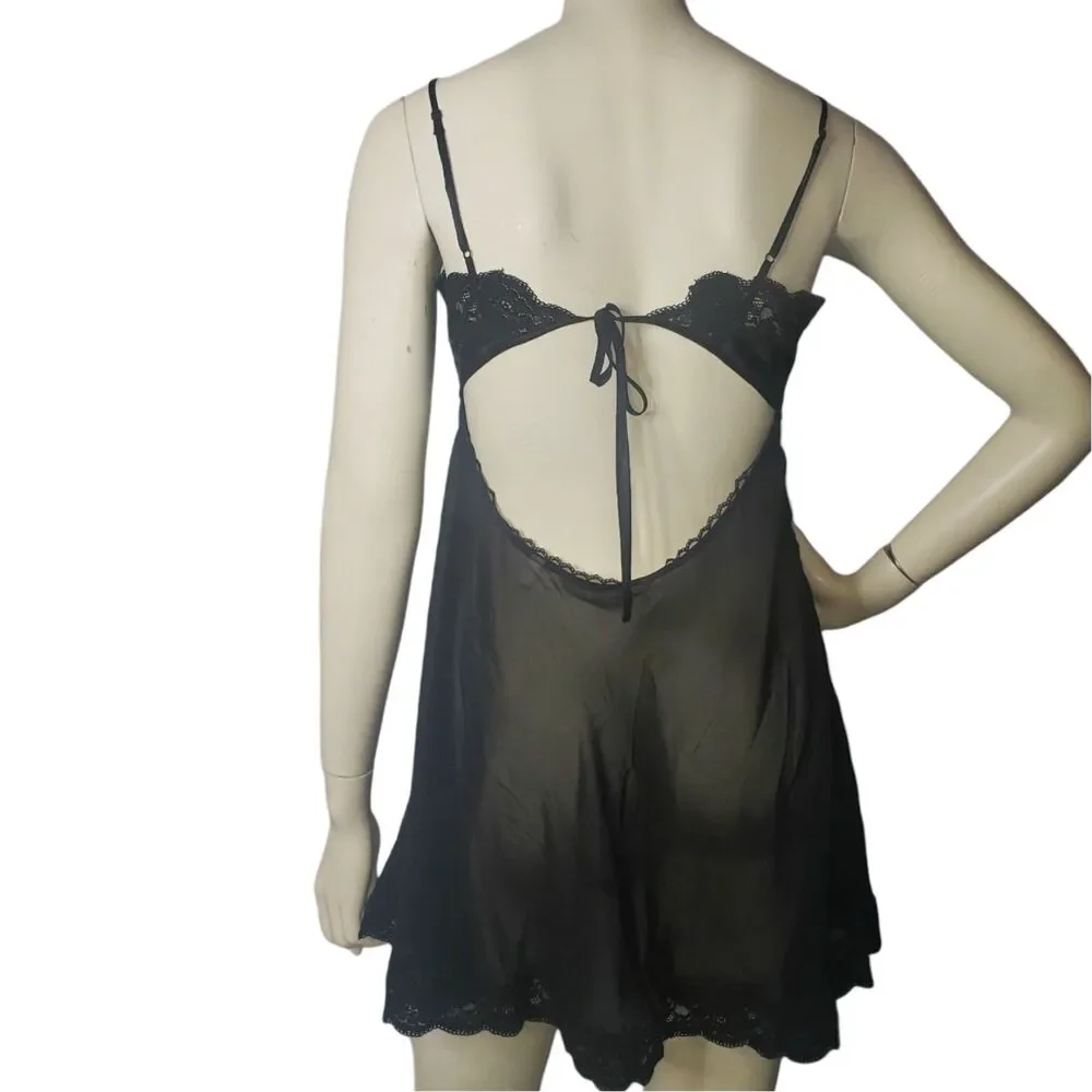 Vintage 90's Y2K VICTORIAS SECRET Sheer Black Lace Negligee Nighty Womens Medium